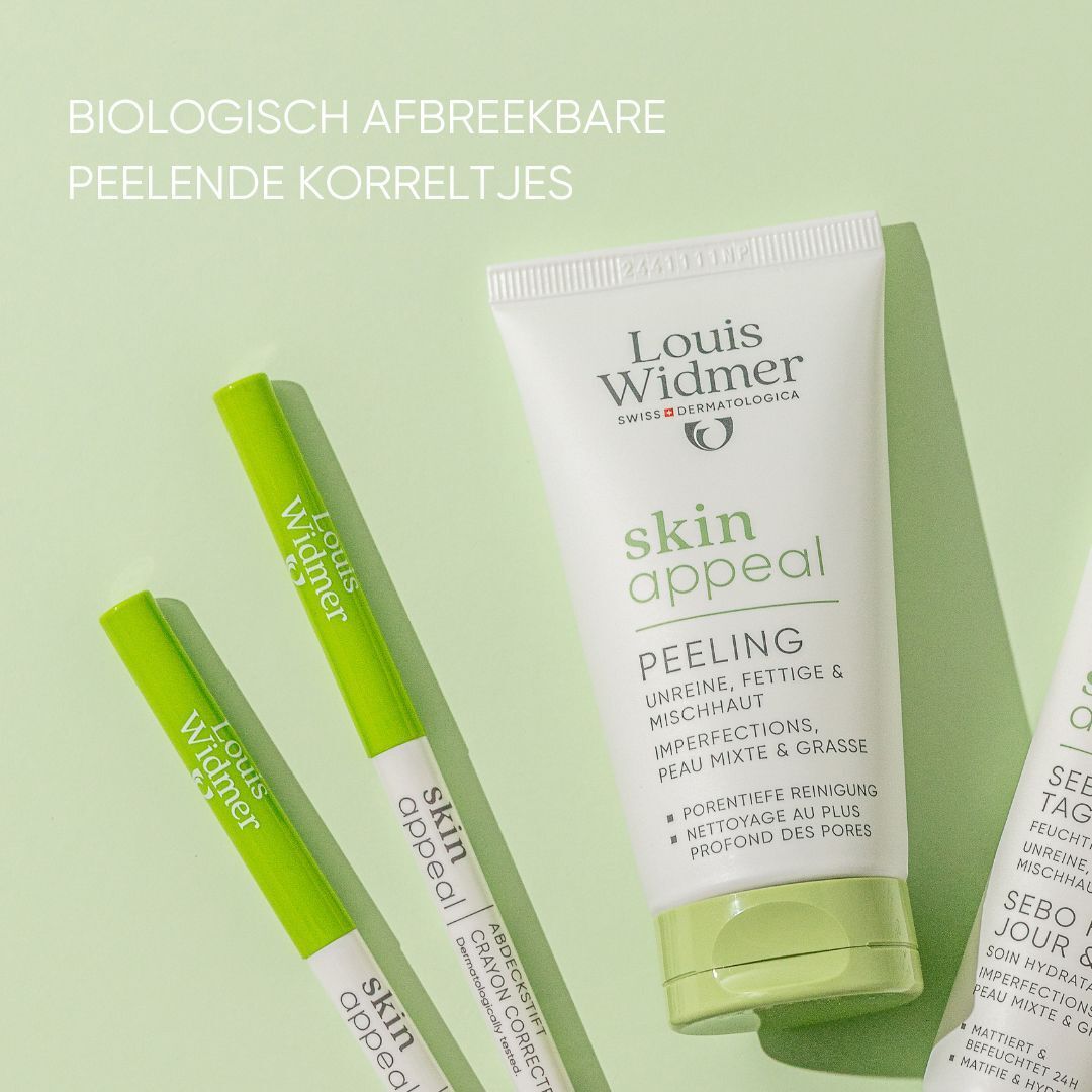 Vrouw met huid. Tekst: Skin Appeal. De doeltreffende verzorgingsroutine voor de onzuivere en acnegevoelige huid.