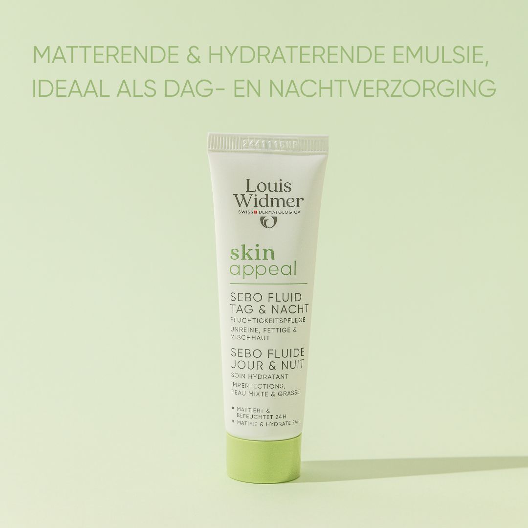 Verpakking. Opschrift: Louis Widmer, skin appeal, Sebo Fluid Dag & Nacht.