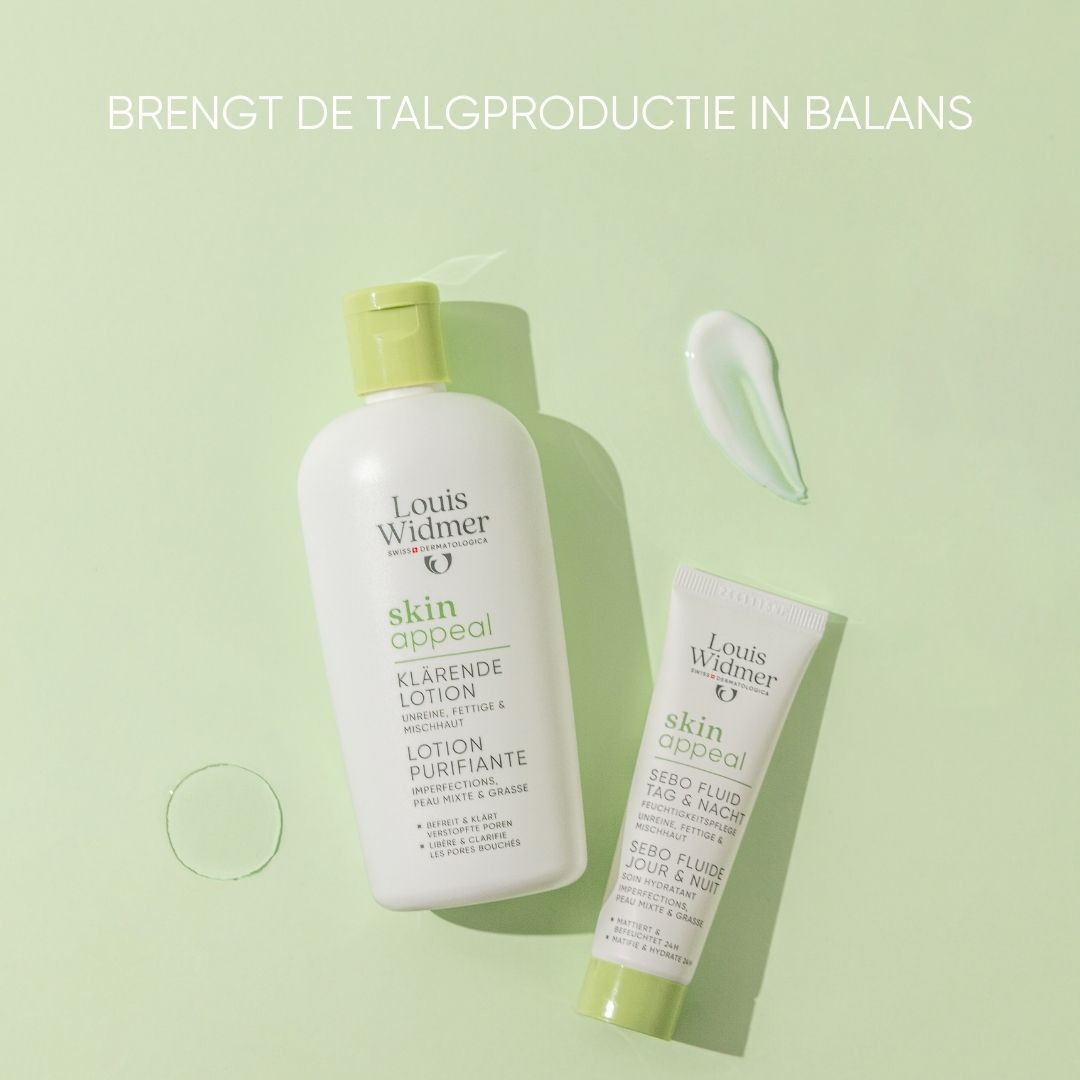 Verpakking. Opschrift: Louis Widmer, skin appeal, Sebo Fluid Dag & Nacht.