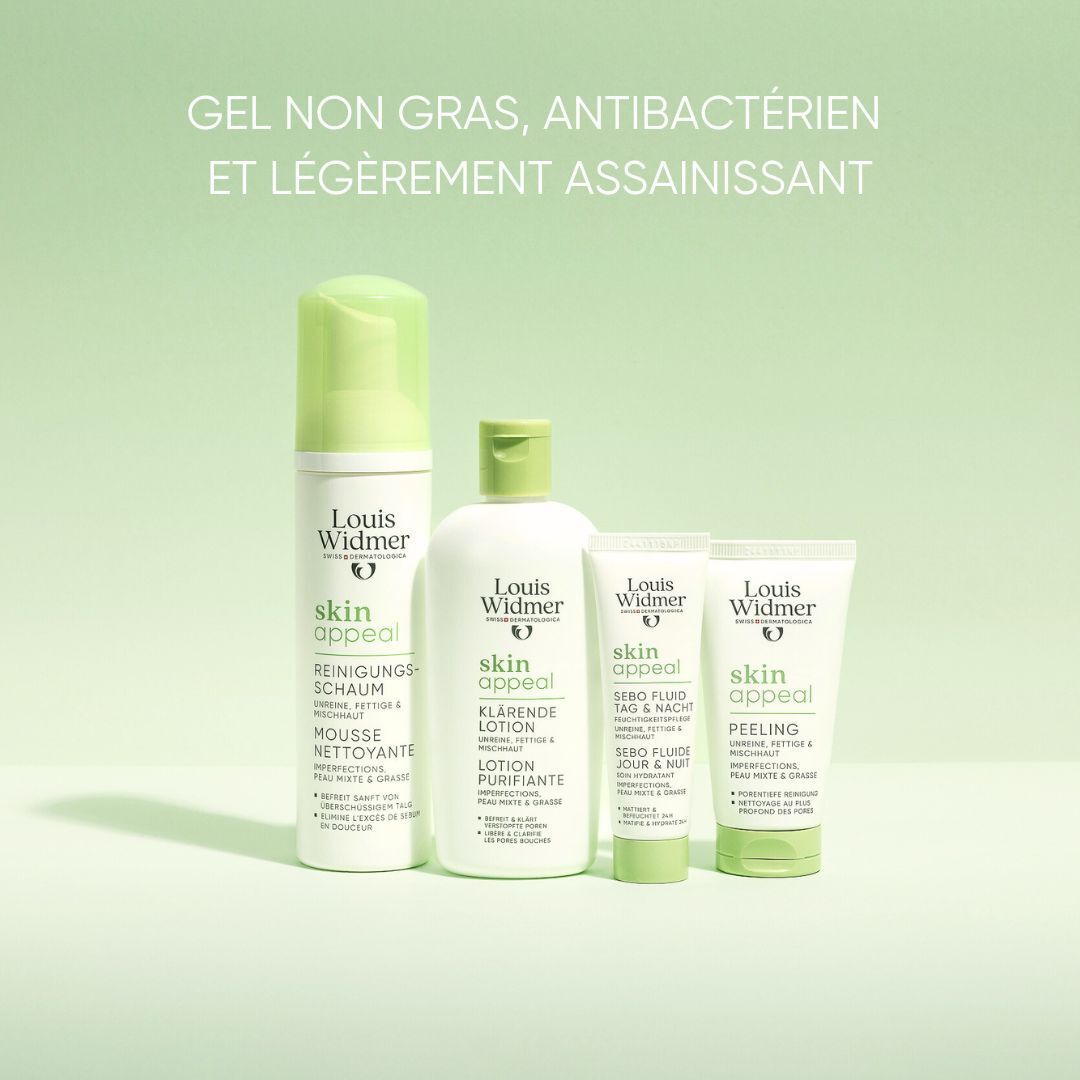 Plusieurs produits. Texte: Gel non gras, antibactérien et légèrement assainissant.