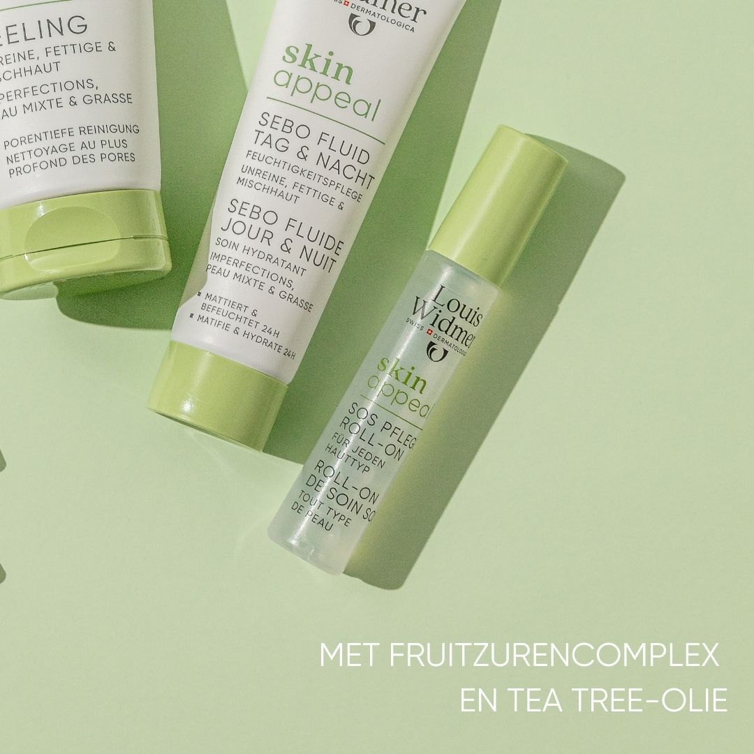 Productlijn van Louis Widmer. Skin Appeal Roll-On SOS, Sebo Fluid Dag & Nacht, Peeling. Tekst: Met fruitzuurcomplex en tea tree-olie.