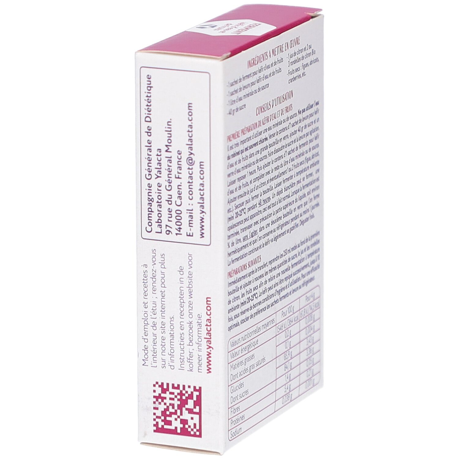 Zijkant van de kartonnen verpakking met contactgegevens en QR-code. Tekst in het Frans.