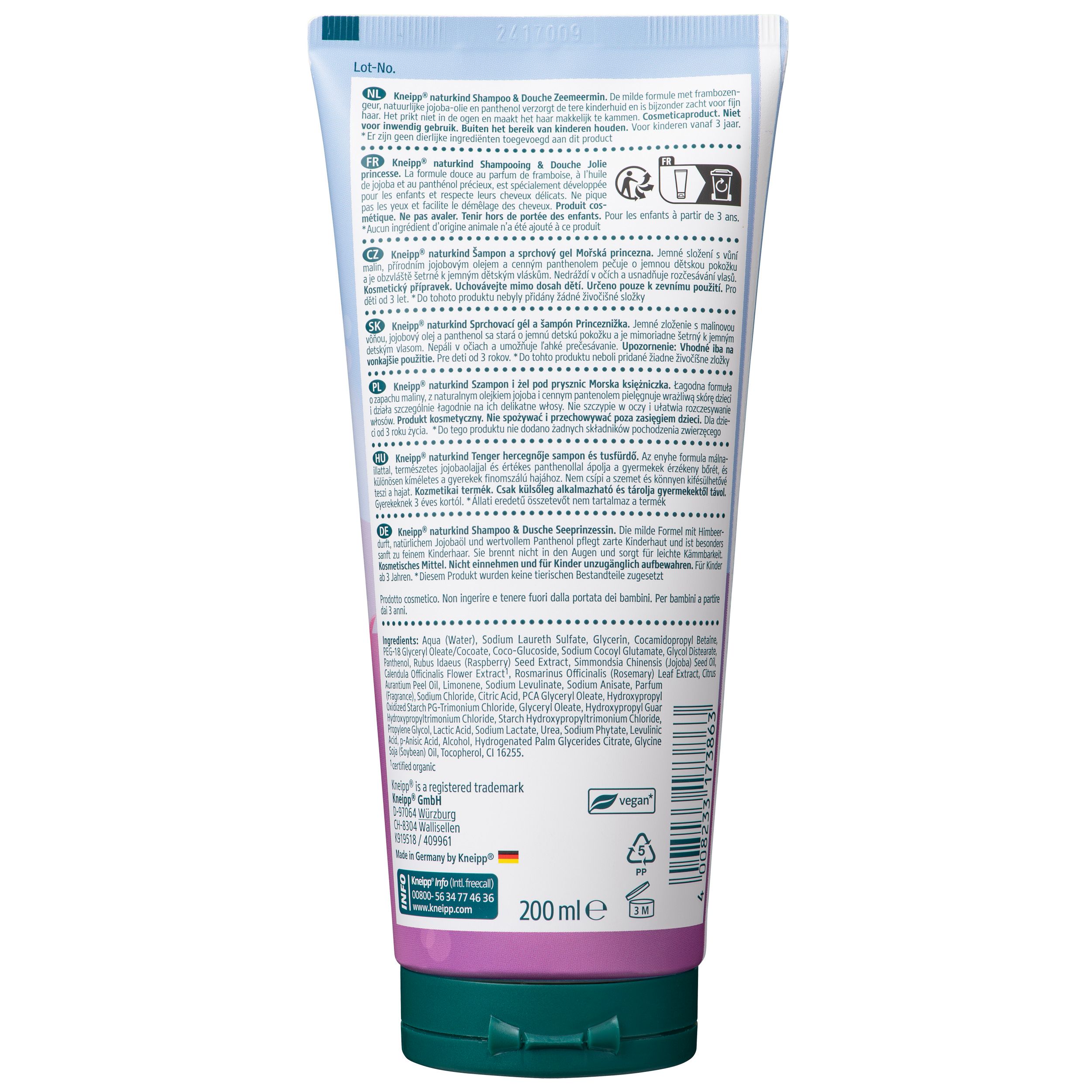 Dos du tube de shampooing et gel douche. Texte multilingue, ingrédients, label Vegan, 200 ml.