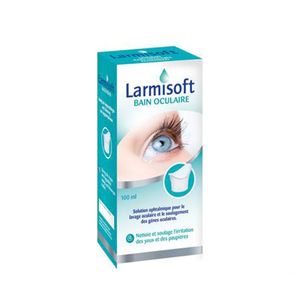 Boîte de Larmisoft Bain Oculaire. Inscription : 100 ml, illustration d'un œil et d'un bain oculaire.