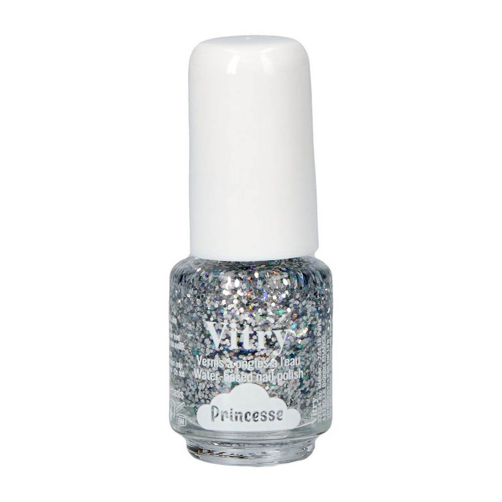 Flesje zilveren glitter nagellak. Het etiket toont "Vitry" en "Princesse".