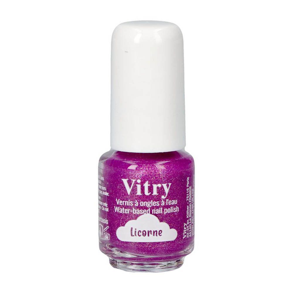 Flacon de vernis à ongles rose pailleté. Bouchon blanc. Inscription : Vitry, Vernis à ongles à l'eau, Licorne.