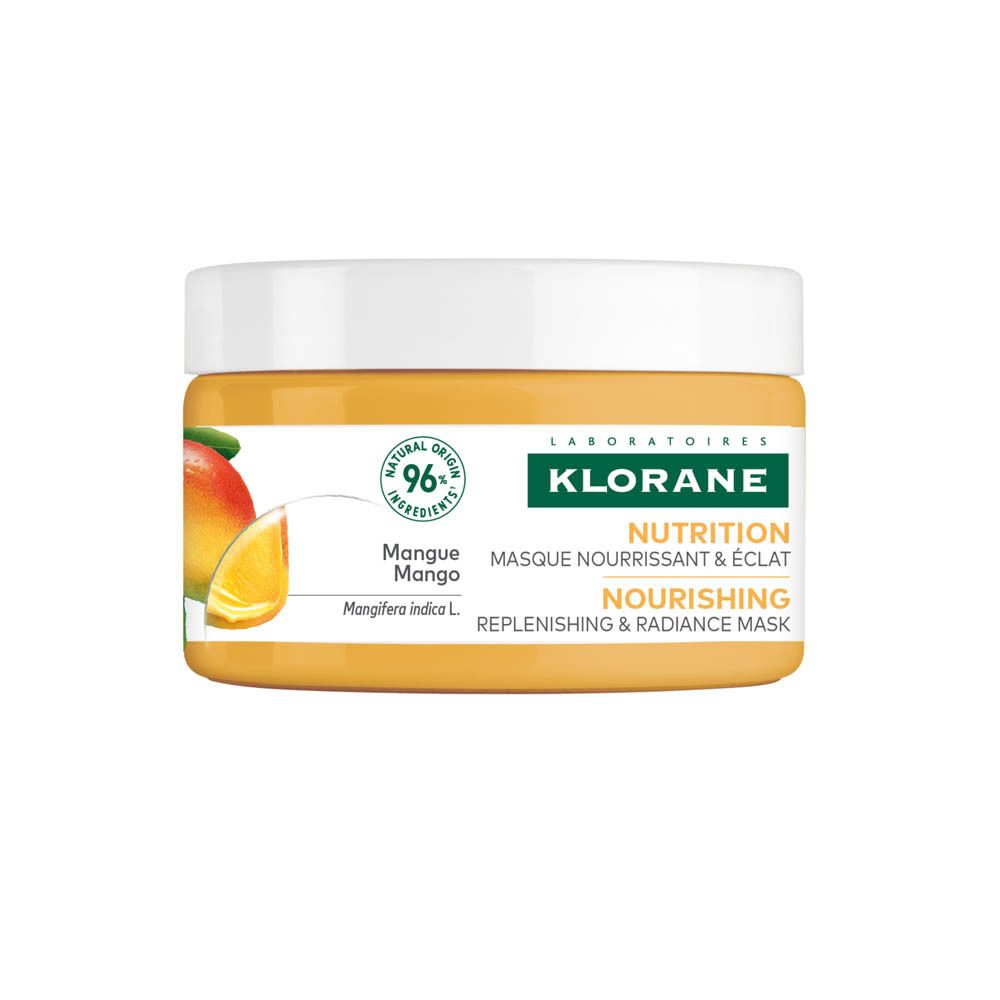 Klorane Masque Mangue : pot, fruit du manguier et pulpe.