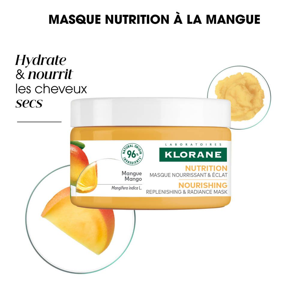 Klorane Masque Mangue : pot, fruit du manguier et pulpe.