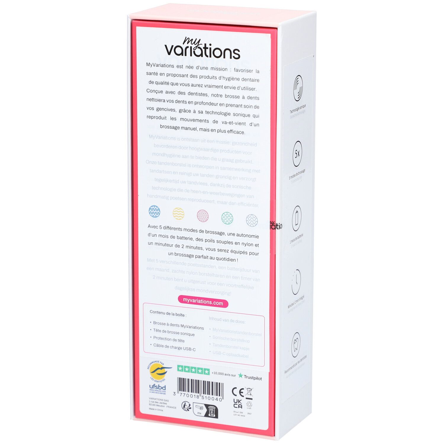 Achterkant van de verpakking van de elektrische tandenborstel pastelroze. Tekst: Myvariations, 5 standen, 2 min timer, USB-C kabel, CE-markering.