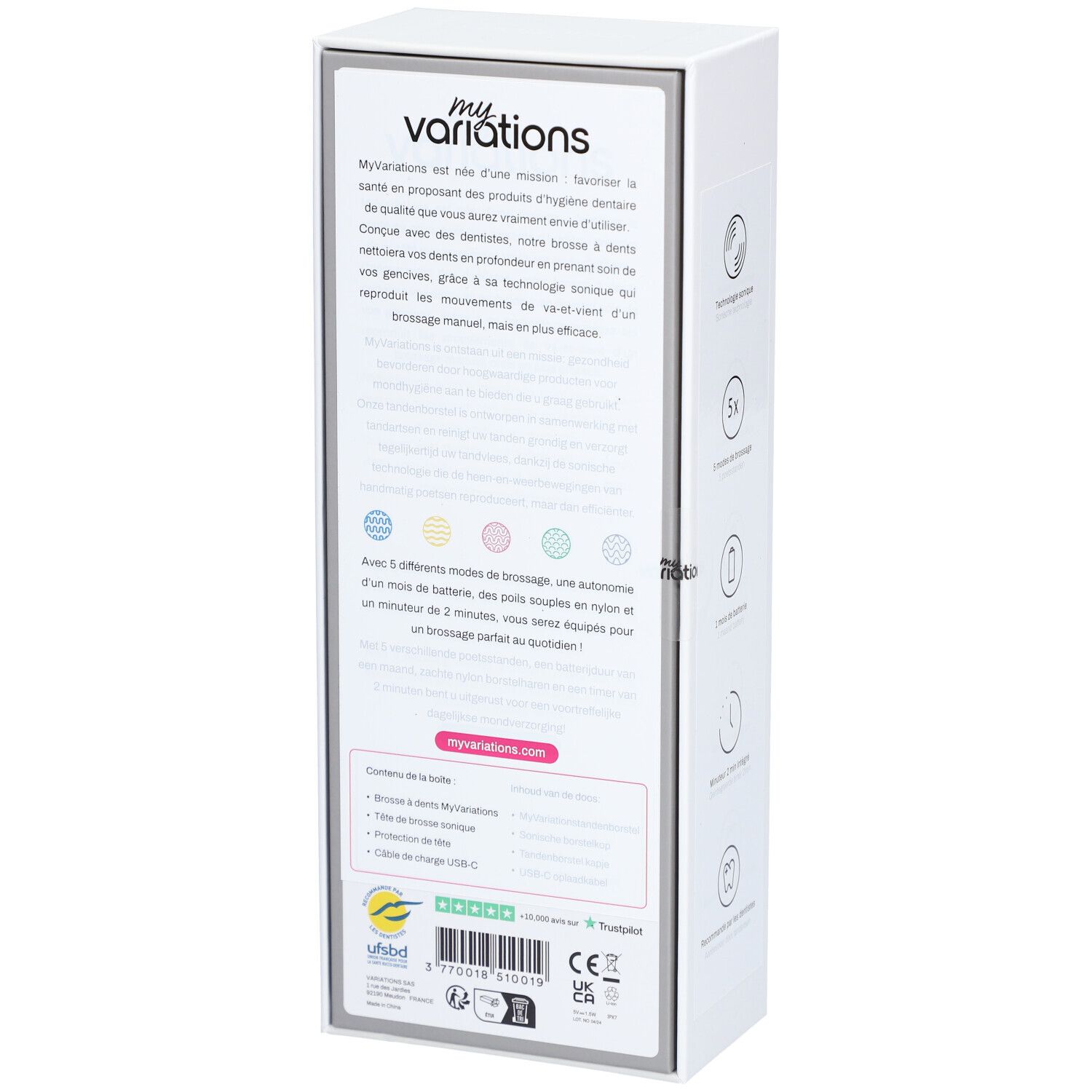 Witte verpakking met tekst. Productbeschrijving, 5 modi, nylon borstelharen, 2 minuten timer. Logo's: Uhbd, Trustpilot, CE.