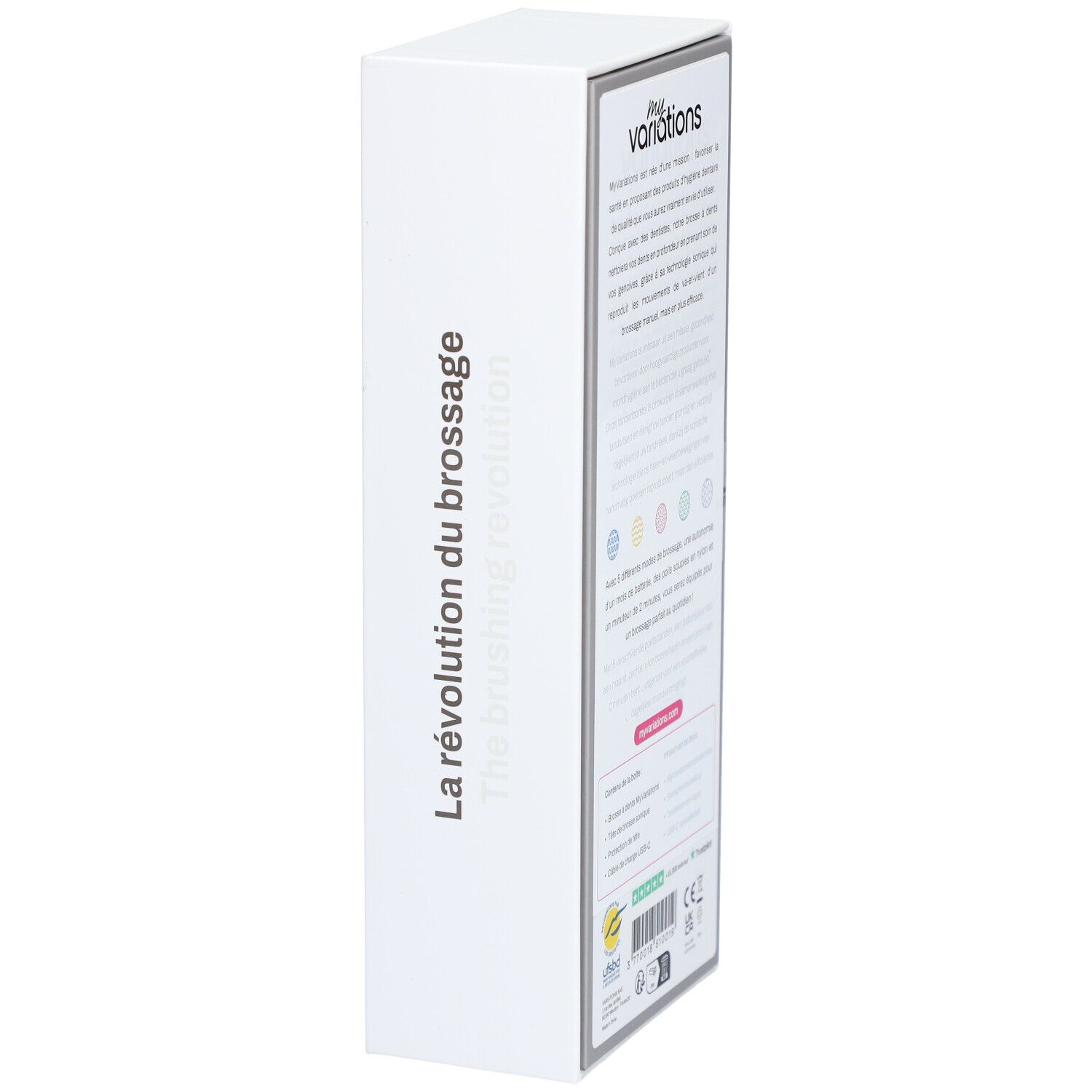 Witte verpakking met tekst. Productbeschrijving, 5 modi, nylon borstelharen, 2 minuten timer. Logo's: Uhbd, Trustpilot, CE.