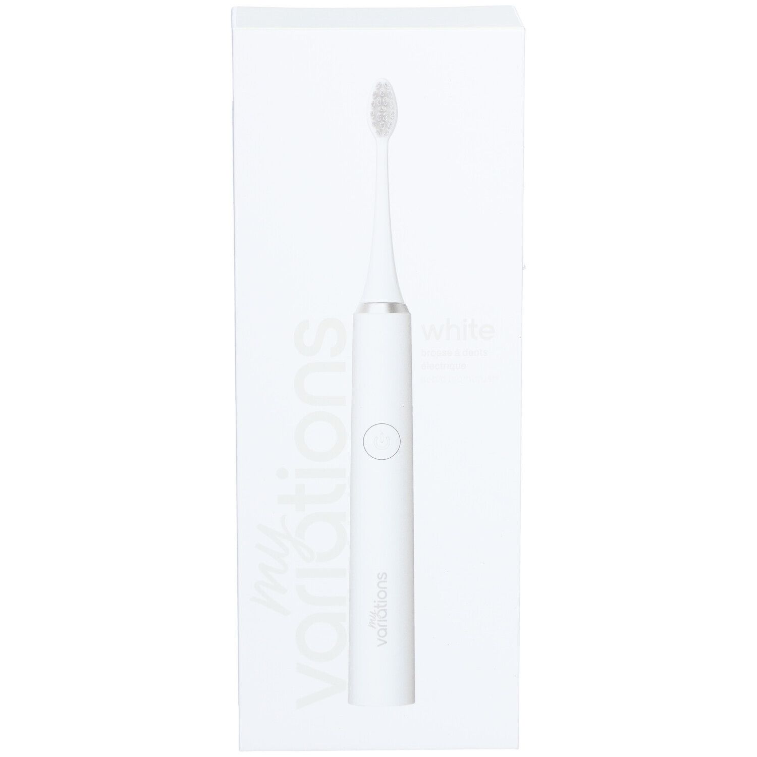 Elektrische tandenborstel Ivory White in witte verpakking. Opdruk: my variations, tandenborstel, white.