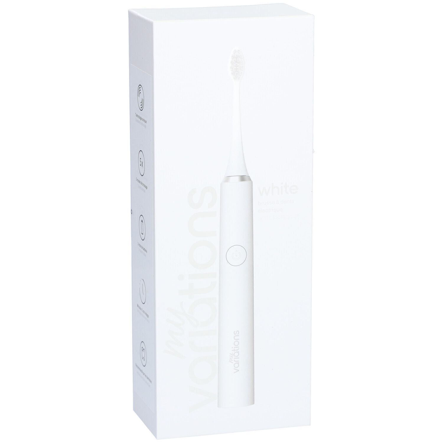 Elektrische tandenborstel Ivory White in witte verpakking. Opdruk: my variations, tandenborstel, white.