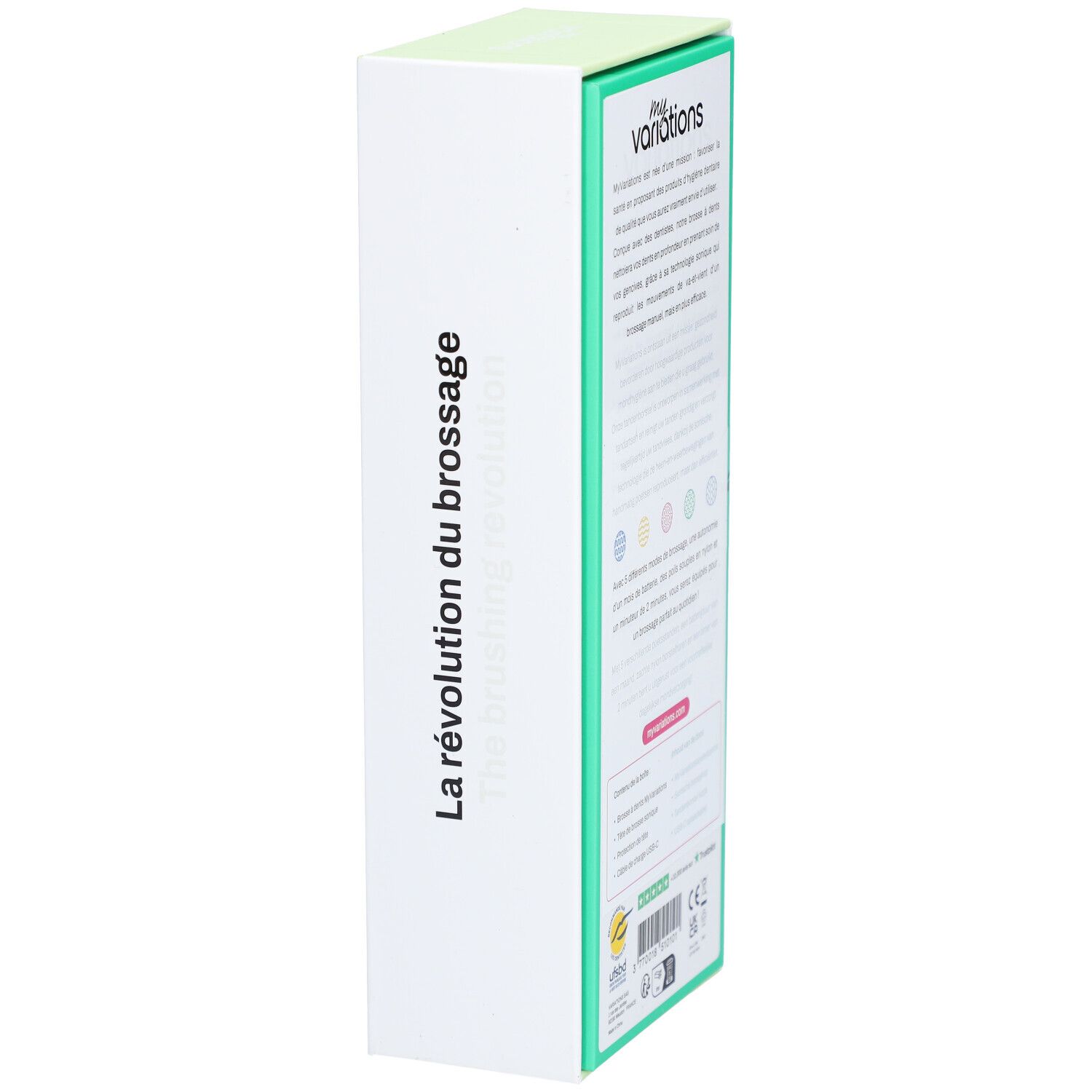 Verpakking van de elektrische tandenborstel. Op de zijkant staat de tekst: La révolution du brossage. Merk: my variations.