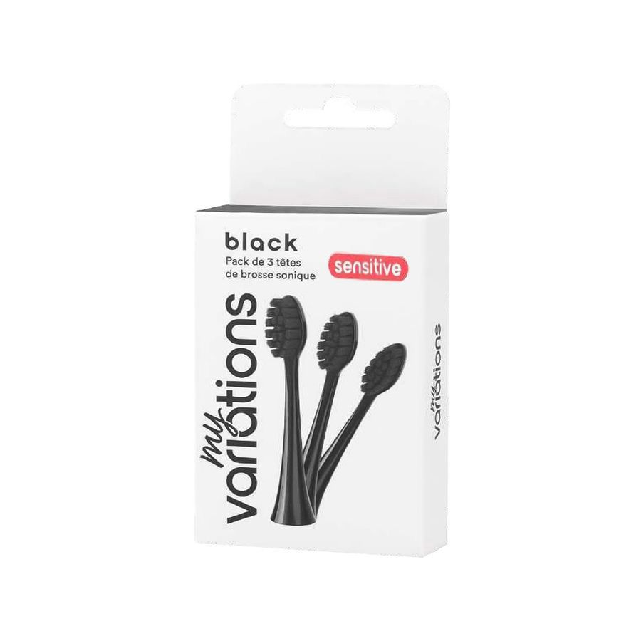 Verpakking met 3 zwarte borstelkoppen. Merk myvariations. Tekst: black sensitive.