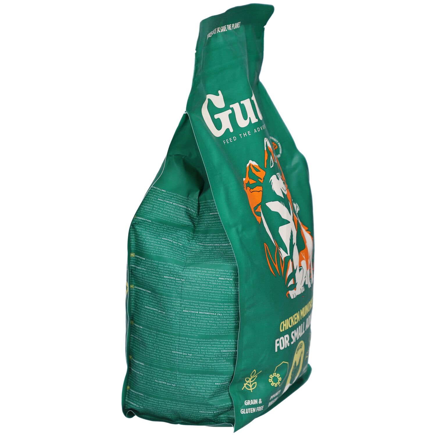 Sac vert, vue latérale. Gutsy Chicken Munchies. Texte: Grain & Gluten Free. Illustration de chiens. Partiellement ouvert.
