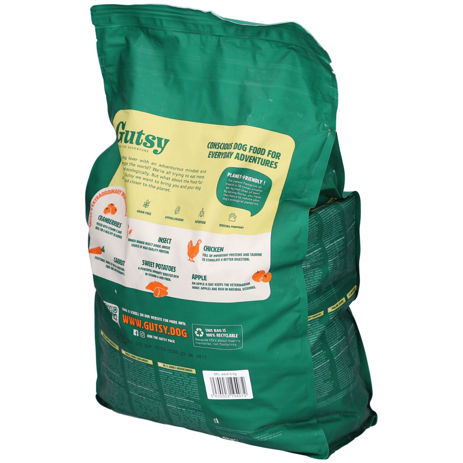 Sac vert Gutsy avec logo et chiens. Texte: Chicken Munchies pour chiens moyens/grands. Dos avec ingrédients.