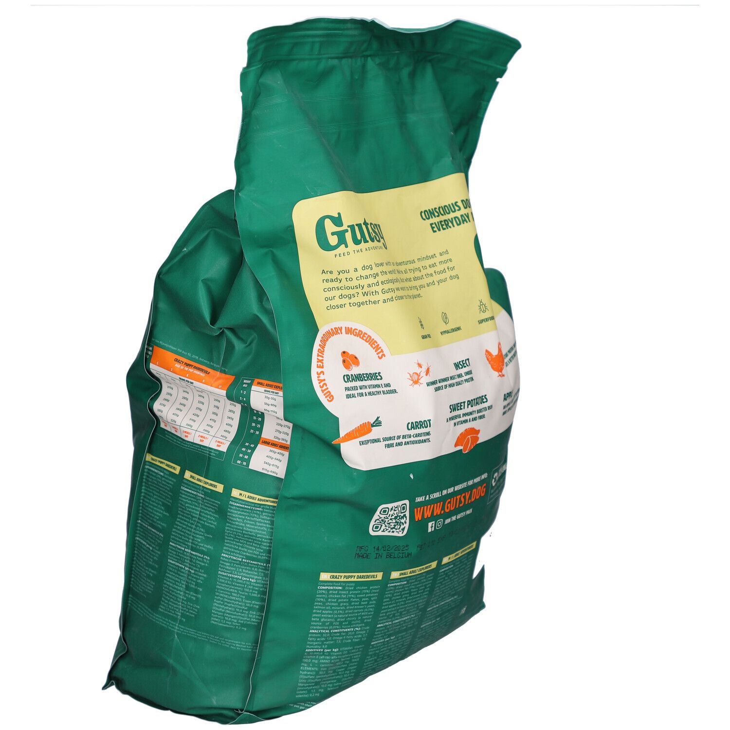 Sac vert Gutsy avec logo et chiens. Texte: Chicken Munchies pour chiens moyens/grands. Dos avec ingrédients.