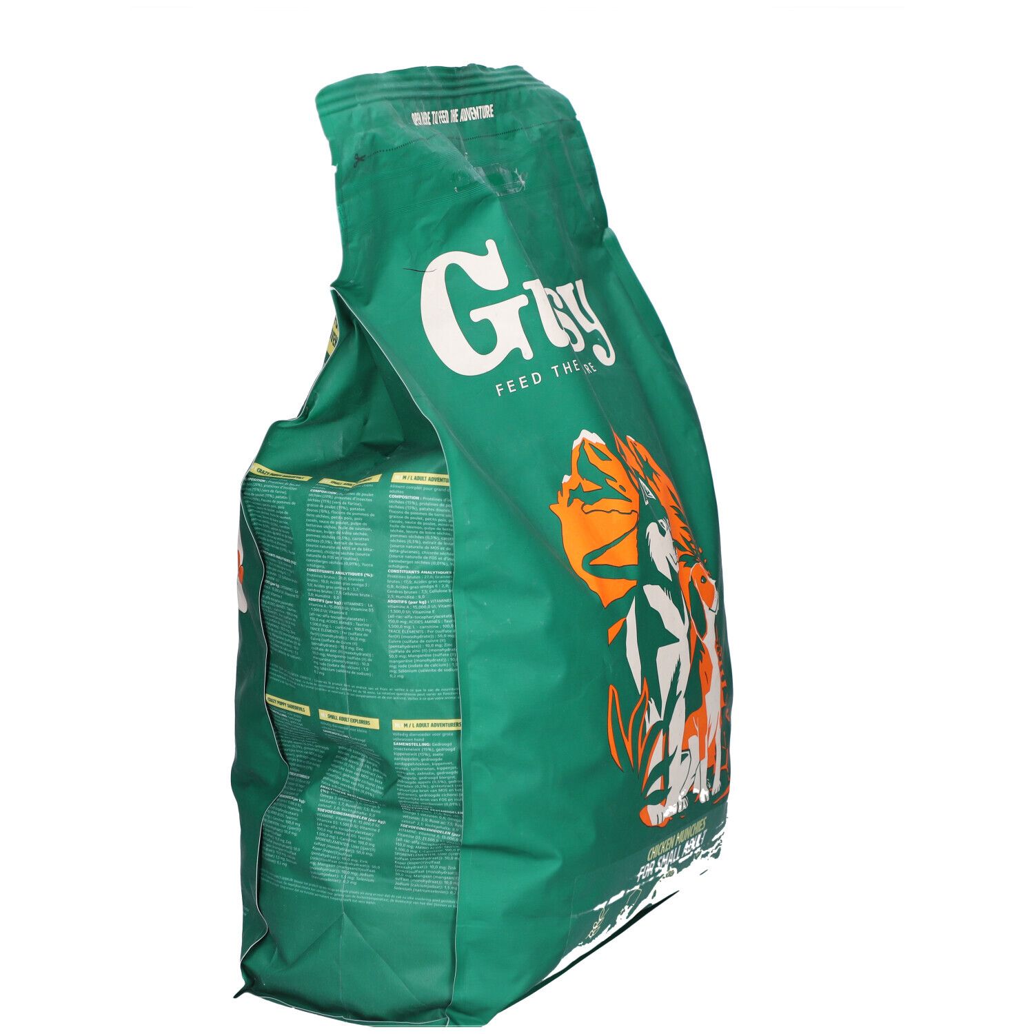 Sac vert avec impression. Contient de la nourriture pour chiens. Inscription : Gutsy. Illustration de chien et loup. Vue latérale.
