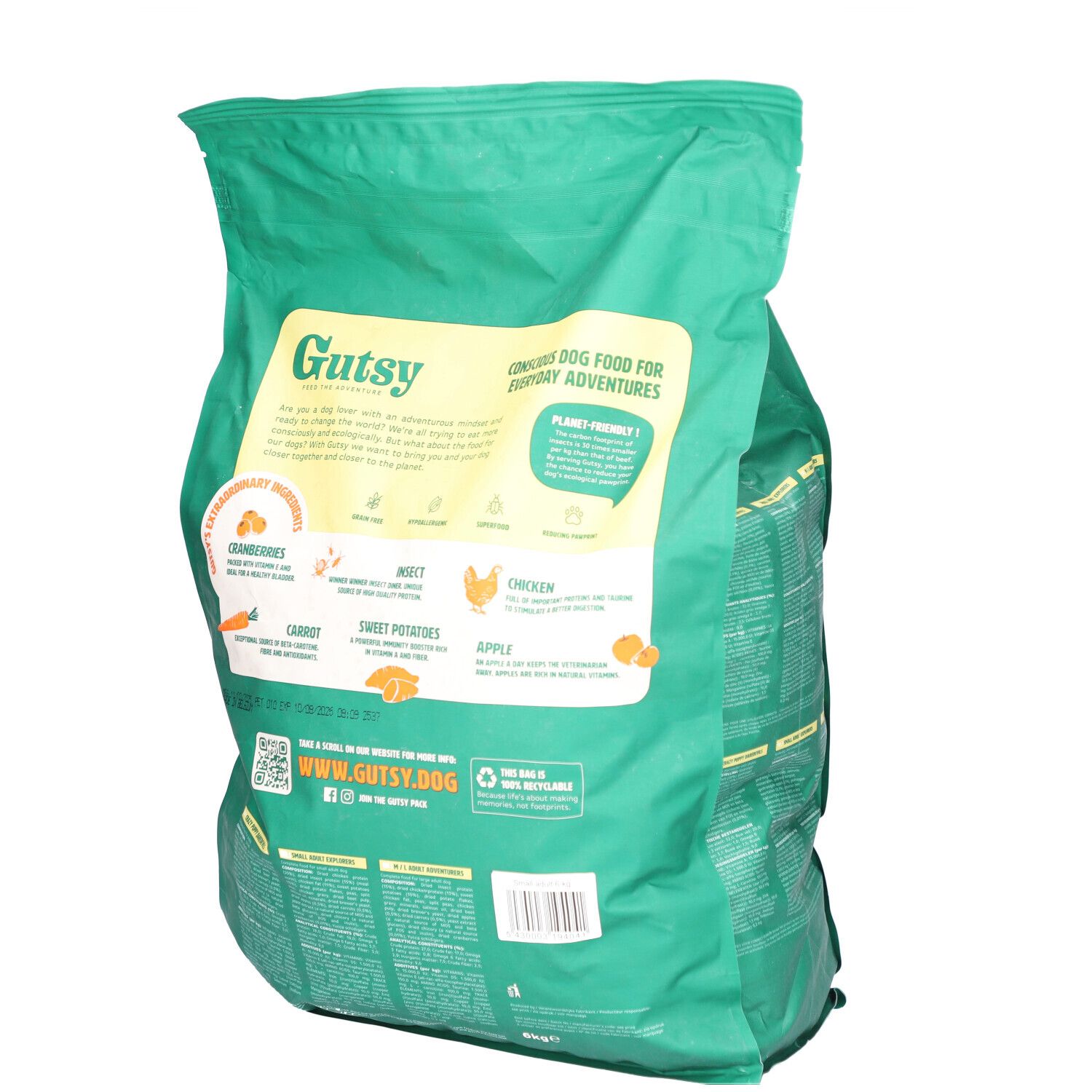 Sac vert avec impression. Contient de la nourriture pour chiens. Inscription : Gutsy. Dos avec ingrédients et informations. Illustration de carotte, pomme.