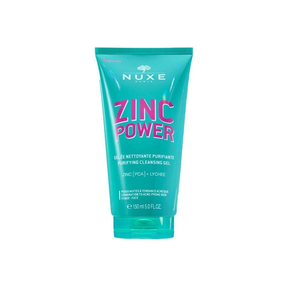 Gelée nettoyante Nuxe Zinc Power dans un tube turquoise avec inscription rose. 150ml.