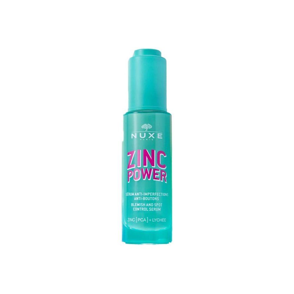 NUXE Zinc Power Serum fles met turquoise dop en etiket.