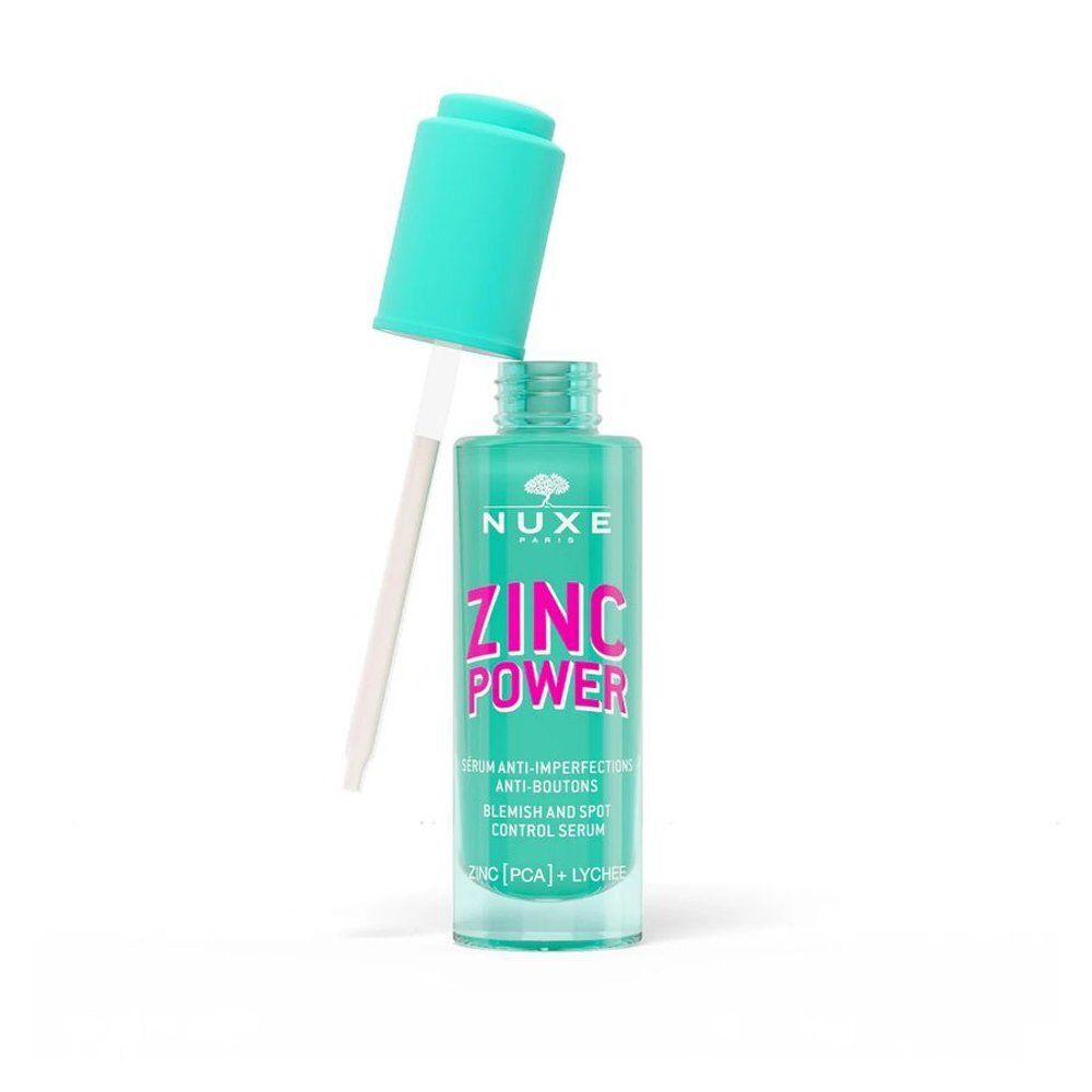 NUXE Zinc Power Serum fles met turquoise dop en etiket.