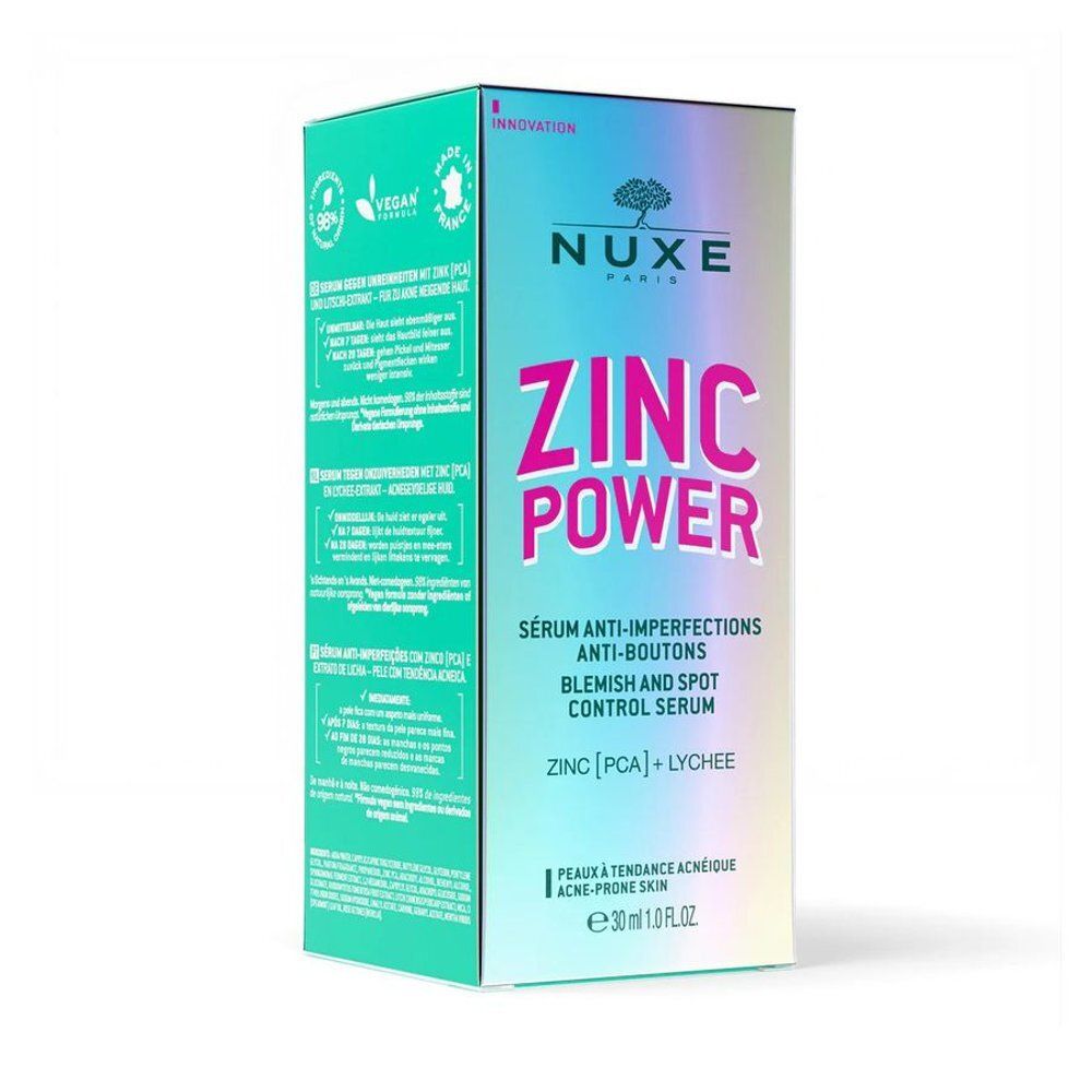 Flacon NUXE Zinc Power Serum avec bouchon et étiquette turquoise.
