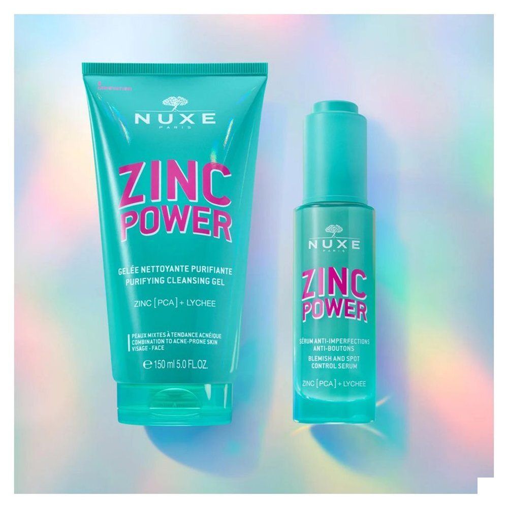 NUXE Zinc Power Serum fles met turquoise dop en etiket.