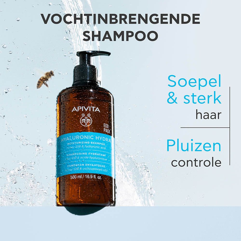 Fles Apivita Hyaluronic Hydra Shampoo, tekst: Vochtbrengende Shampoo, Soepel & sterk haar, Pluizen controle.