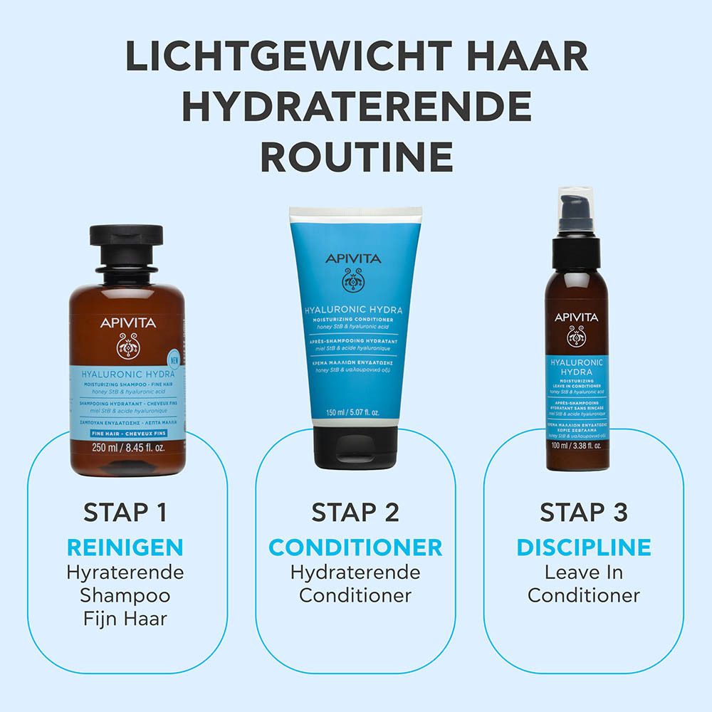 Promotionele afbeelding: Verzorgingsroutine voor fijn haar met Apivita Hyaluronic Hydra Shampoo, Conditioner en Leave-in Conditioner.