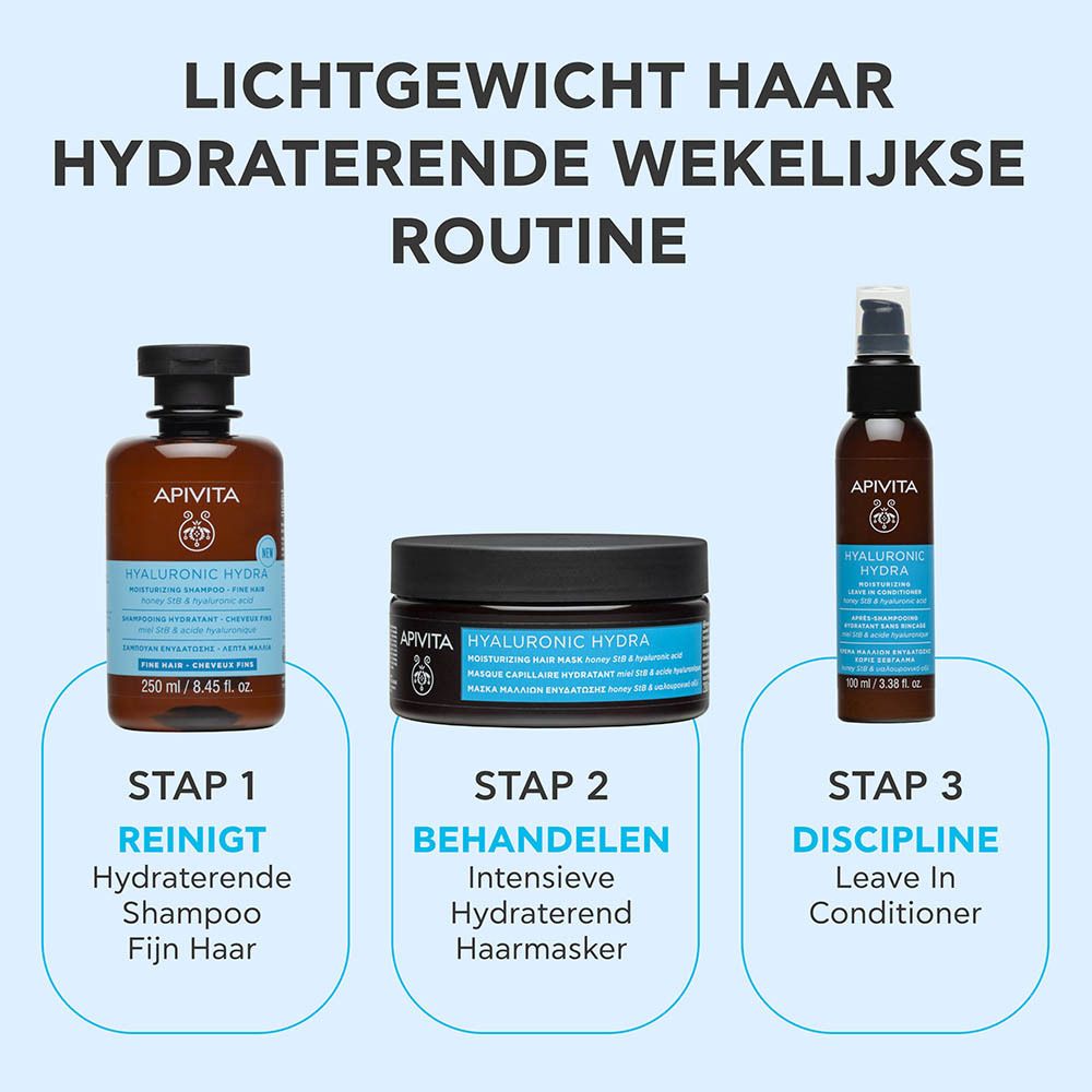 Promotionele afbeelding: Wekelijkse verzorgingsroutine voor fijn haar met Apivita Hyaluronic Hydra Shampoo, masker en leave-in conditioner.