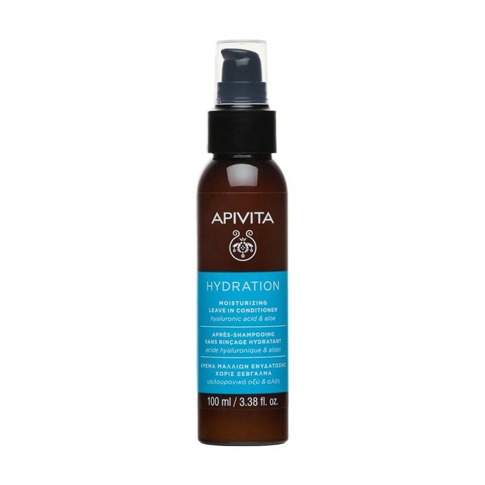 Flacon marron avec vaporisateur. Inscription: Apivita, Hydration, Moisturizing Leave in Conditioner. Texte bleu et blanc.
