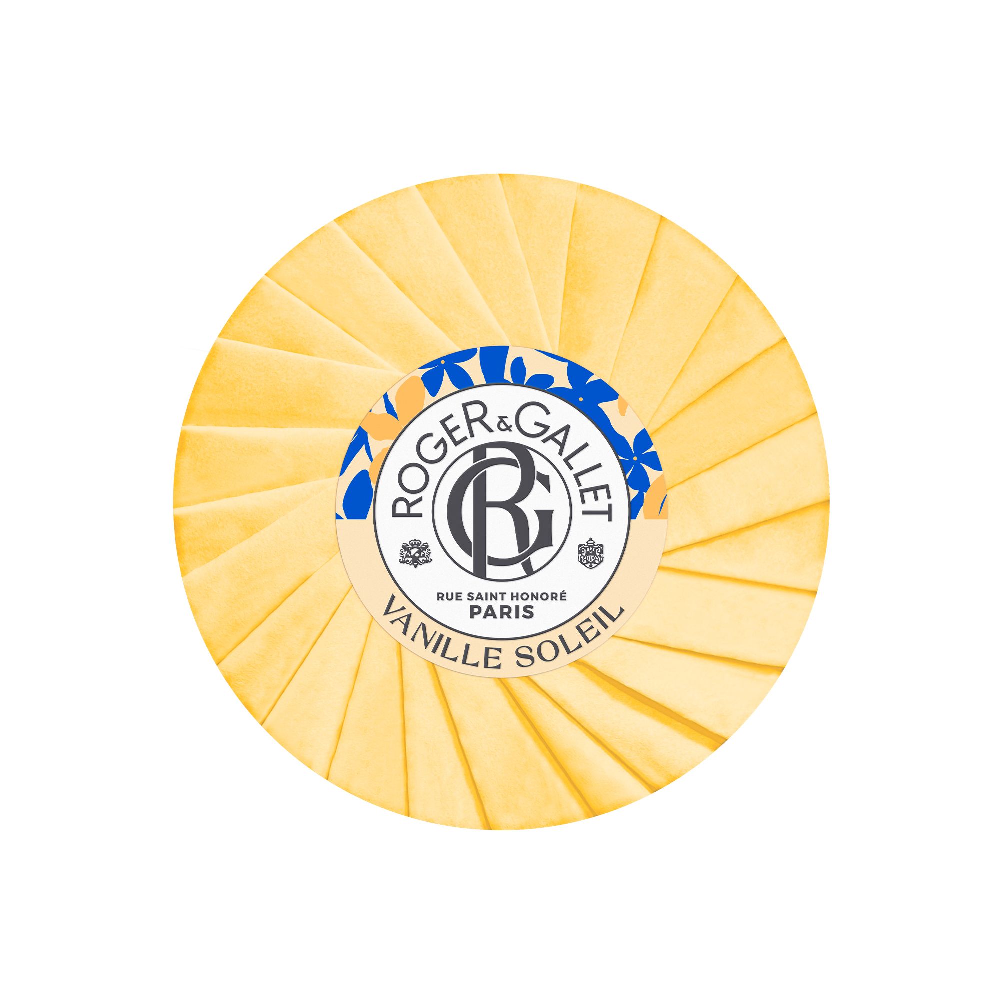 Savon rond avec emballage papier jaune. Inscription: Roger & Gallet Vanille Soleil.