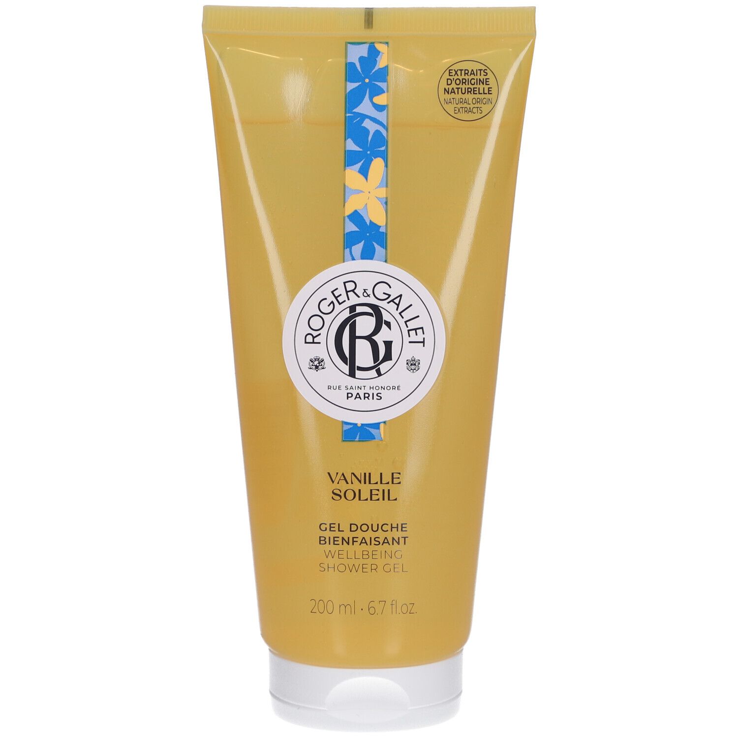 Gele tube met productinformatie. Logo en tekst. "Vanille Soleil" en "Gel Douche Bienfaisant". 200 ml.