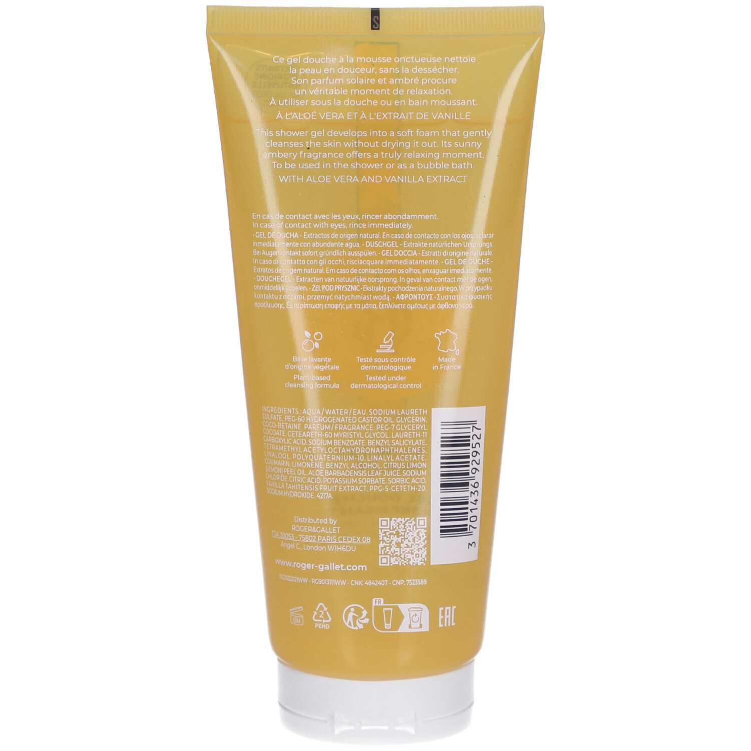 Achterkant van een gele tube. Tekstinformatie, barcode en logo's. Ingrediënten en fabrikantgegevens.