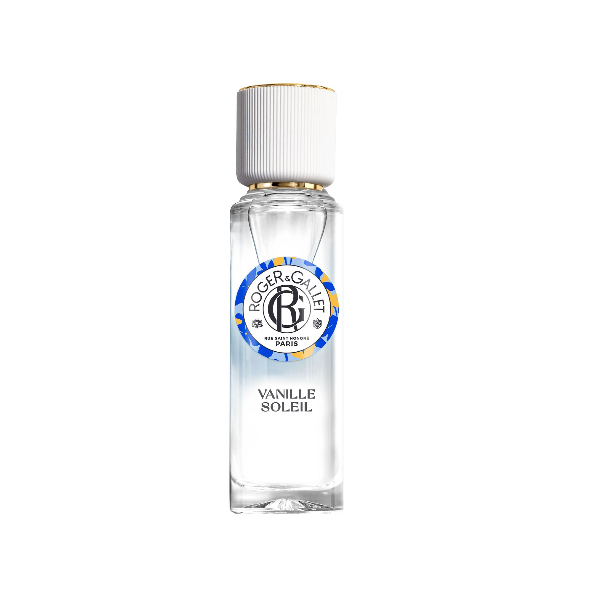 Flesje met witte dop. Merk: Roger&Gallet. Tekst Vanille Soleil. 30 ml. Op gele achtergrond.
