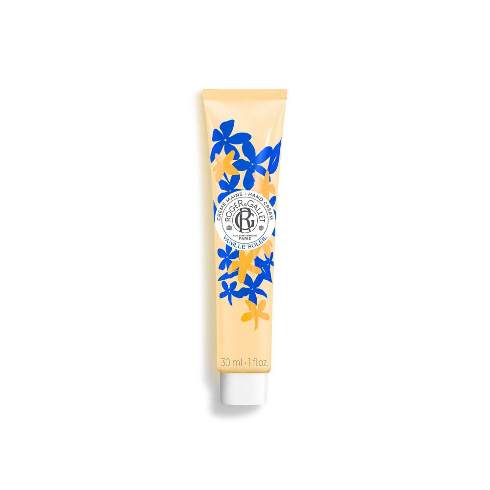 Roger&Gallet Vanille Soleil Handcrème. Gele tube met blauwe en gele bloemen. 30 ml.