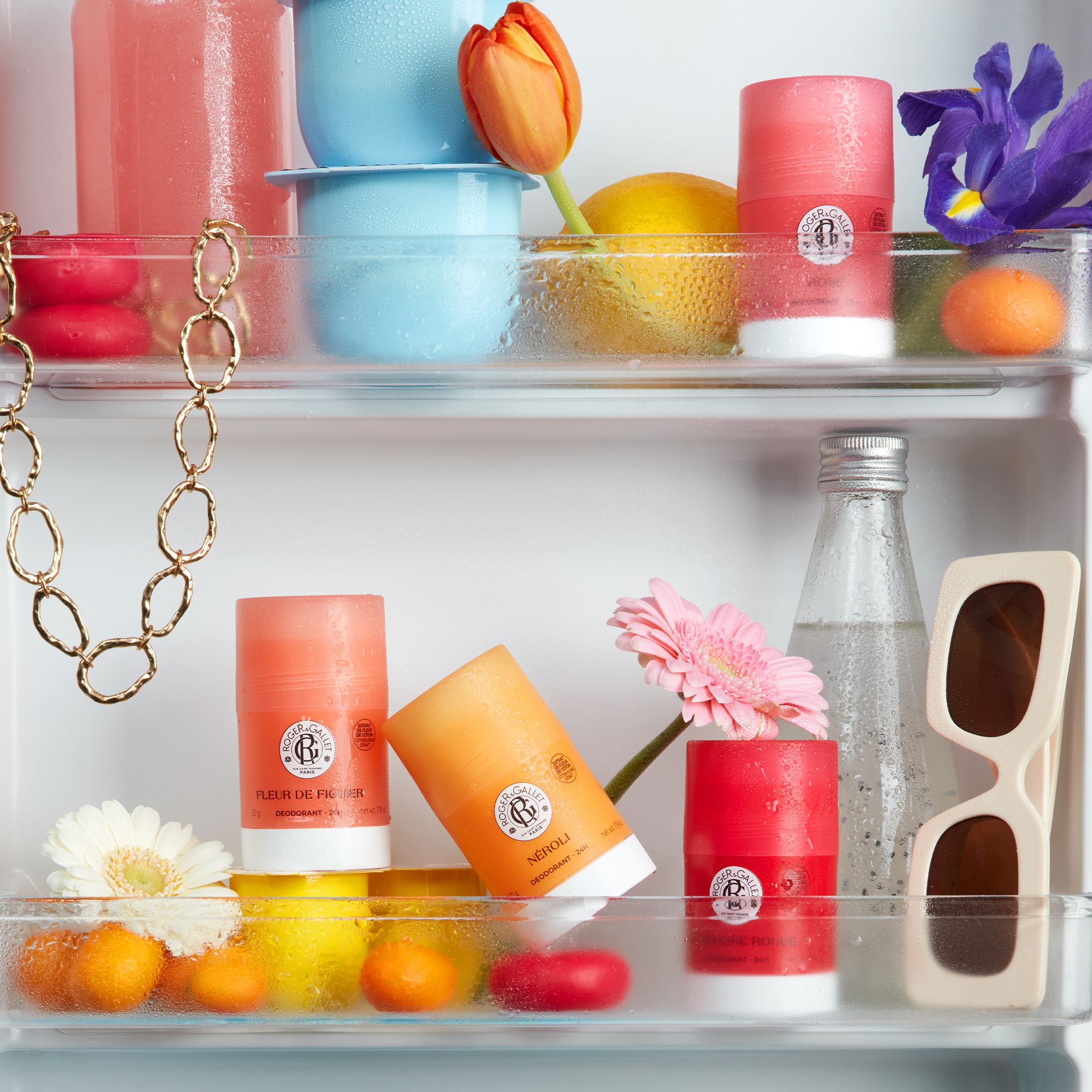 Koelkast met producten. Roger & Gallet deodorants, zonnebril, bloemen, fruit. Verschillende kleuren en vormen.