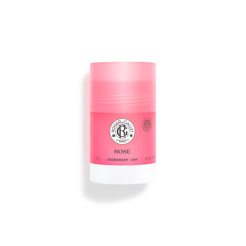 Roze deodorantstick met witte basis. Logo en tekst: ROGER & GALLET, ROSE, Deodorant - 24H. Op witte achtergrond.
