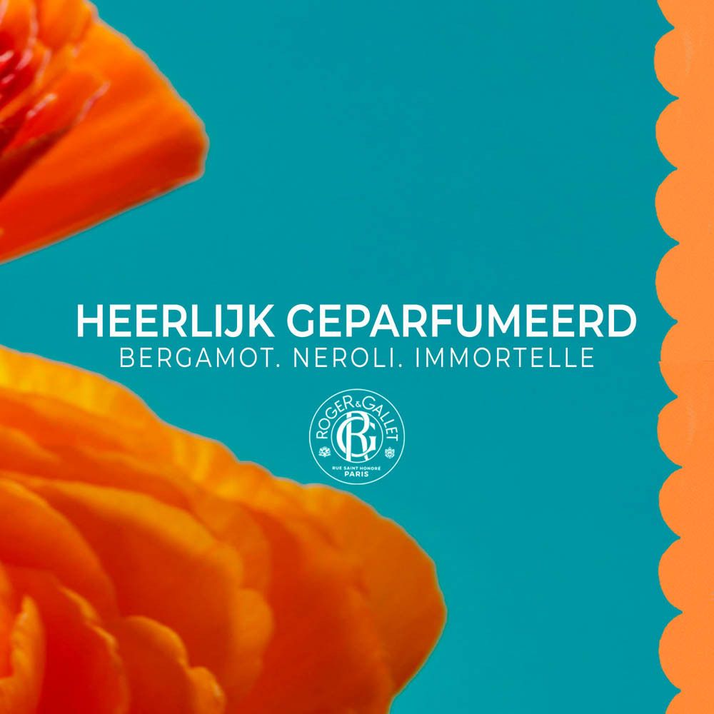 Close-up van bloemen en tekst: Heerlijk Geparfumeerd. Logo Roger & Gallet.