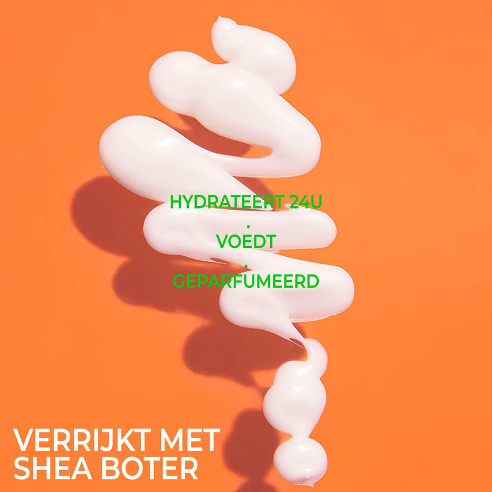 Crème op oranje achtergrond. Tekst: Hydrateert 24U, Voedt, Geparfumeerd.