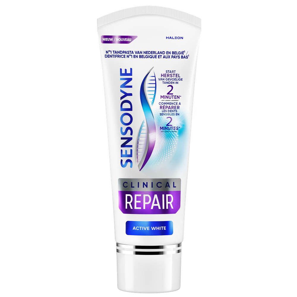 Tandpasta tube. Sensodyne Clinical Repair Active White. Wit-paars design. Tekst: Clinical Repair, Active White. 75ml.