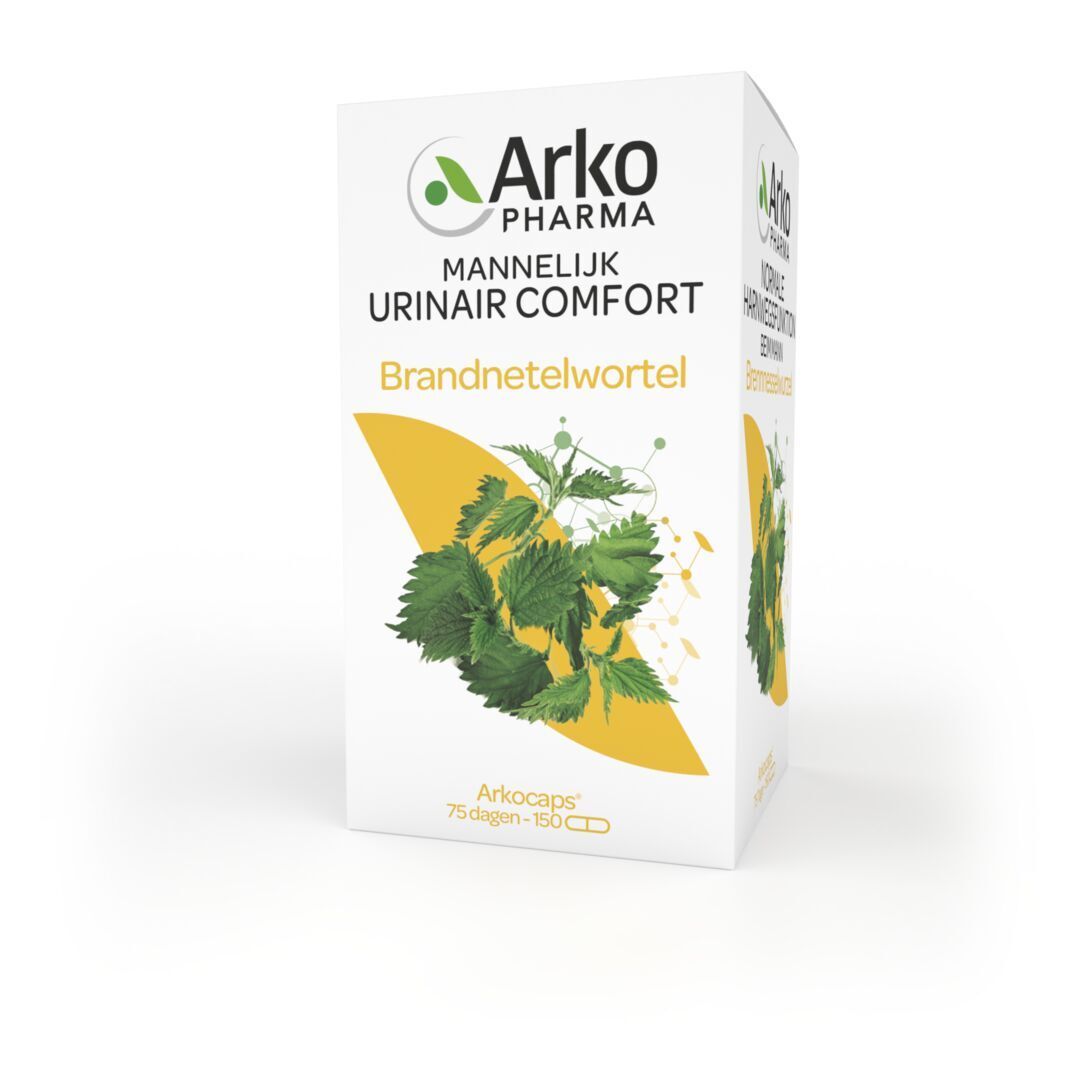 Productverpakking. Opschrift: Arkopharma, Mannelijk Urinair Comfort, Brandnetelwortel. 150 capsules.
