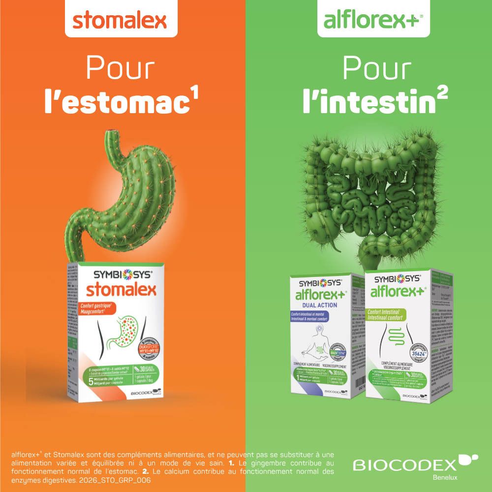 Boîte Symbiosys Stomalex avec illustration de l'estomac et informations sur 30 gélules.