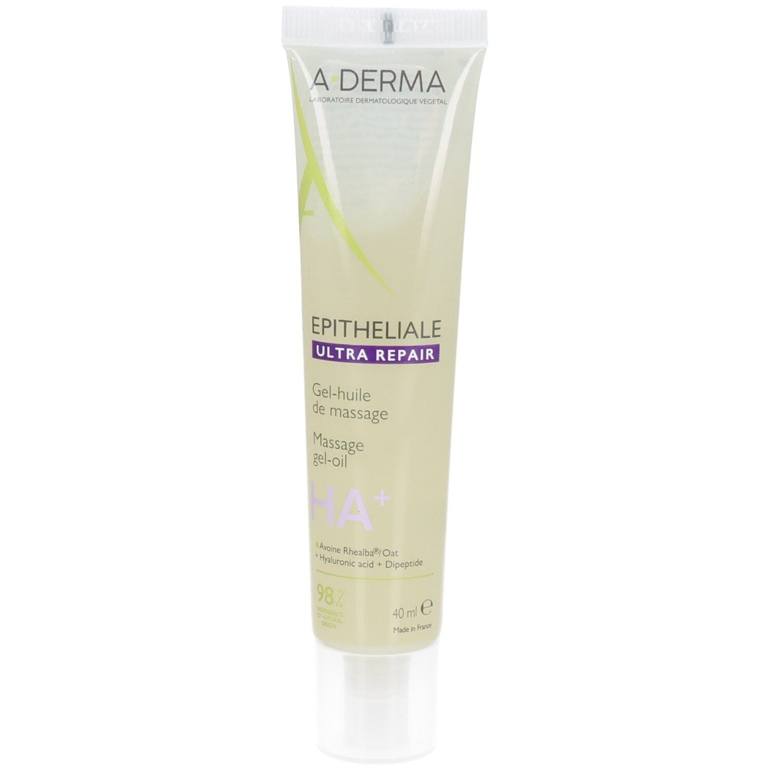 Crèmetube met A-DERMA-logo en productnaam EPITHELIALE ULTRA REPAIR. Gel-huile de massage. Witte tube met witte dop.