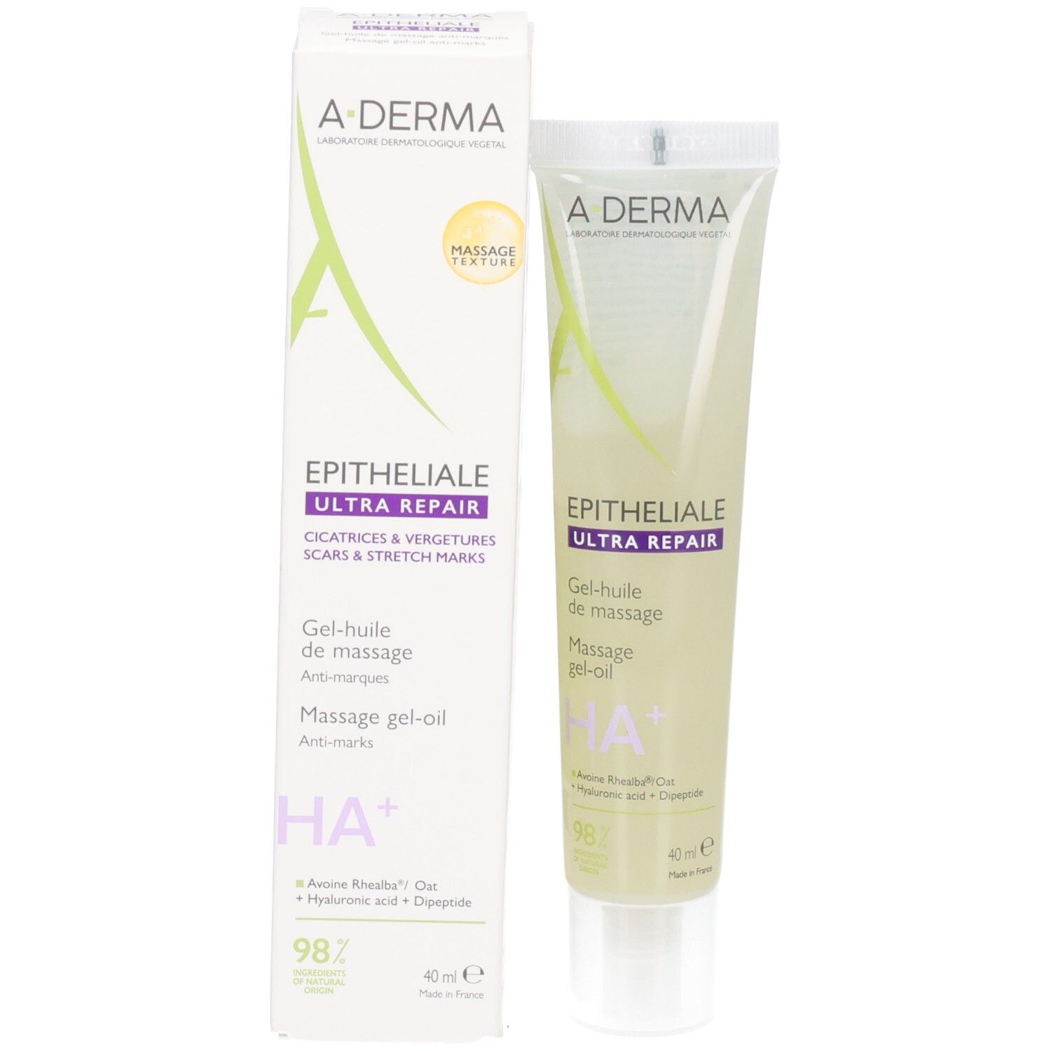 Productverpakking en tube. A-DERMA EPITHELIALE ULTRA REPAIR. Gel-huile de massage. Verpakking en tube naast elkaar.
