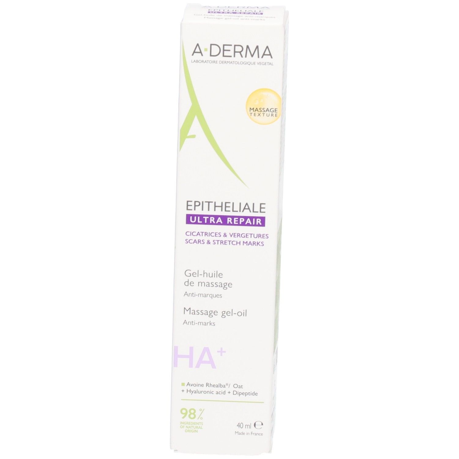 Productverpakking. A-DERMA EPITHELIALE ULTRA REPAIR. Gel-huile de massage. Verpakking met tekst en logo.