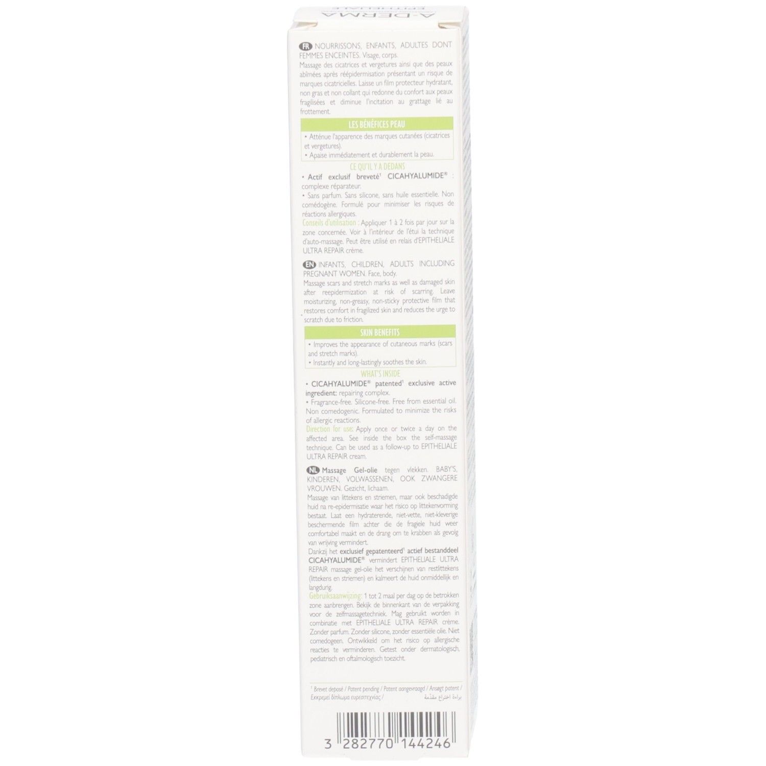 Productverpakking. Meertalige tekst. Informatie over ingrediënten en gebruik. Witte verpakking.