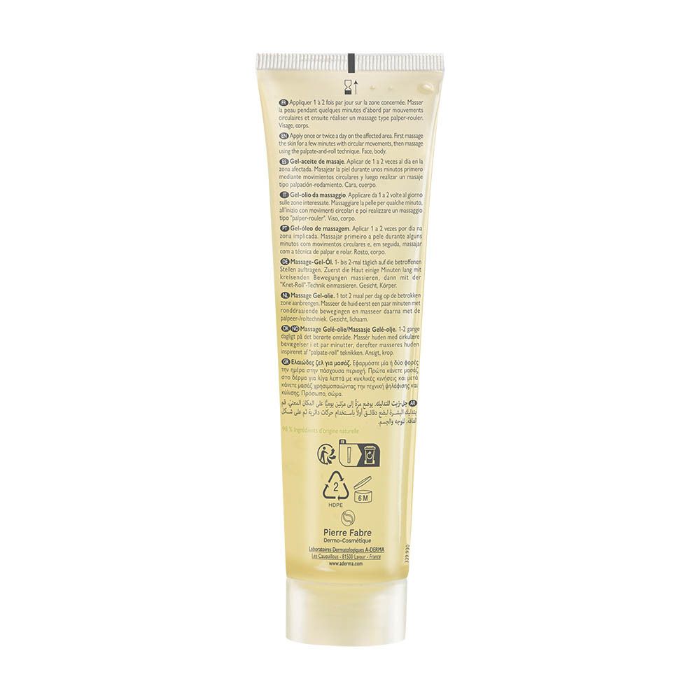 Achterkant van de A-Derma Epitheliale Ultra Repair Massage gel-olie tube.